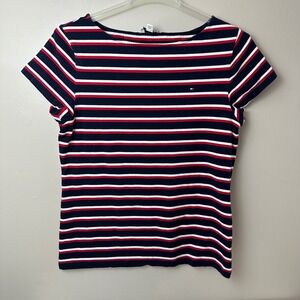 Tommy Hilfiger Women's T-Shirt Red Navy White Striped Short Sleeve Tee Size 2XL